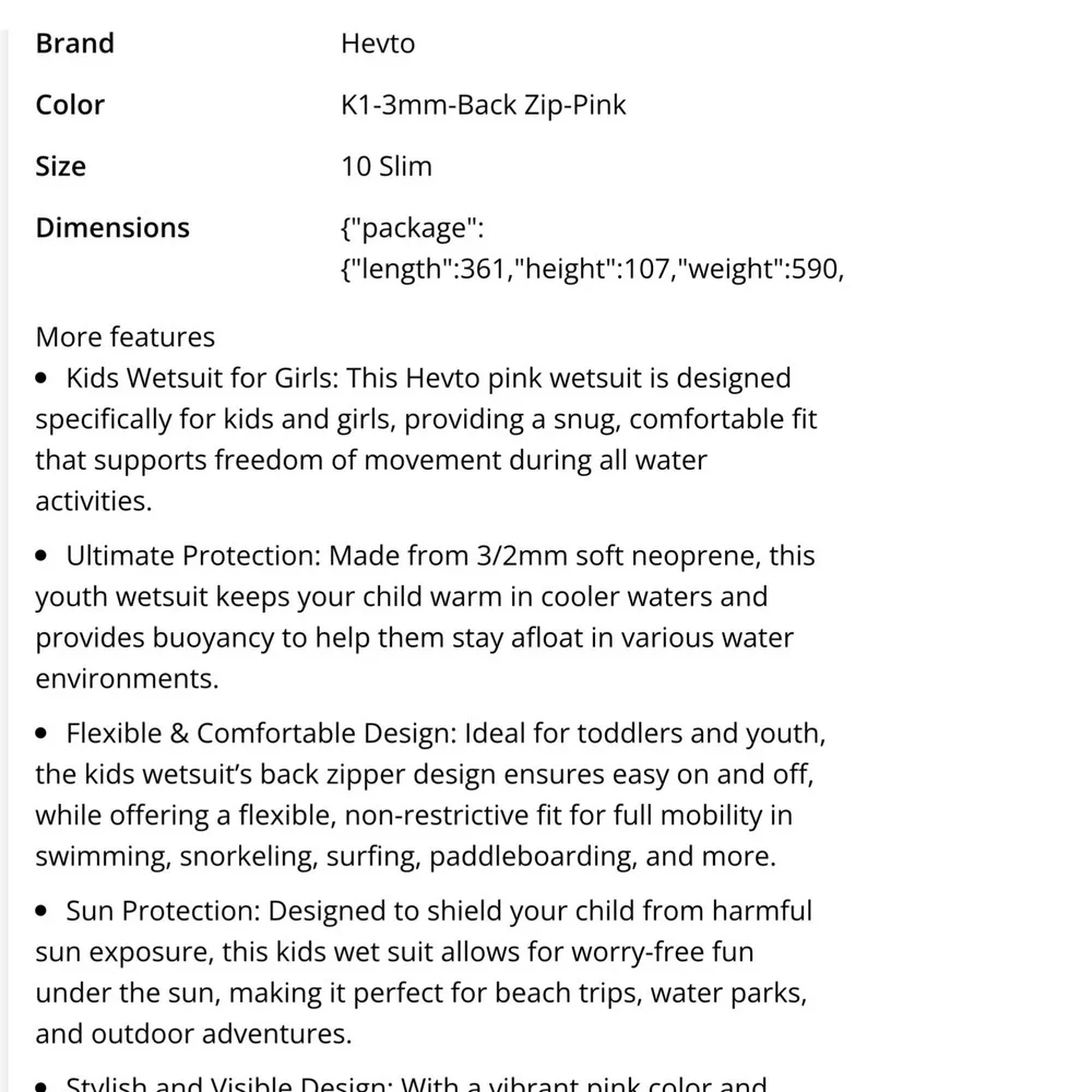 Hevto Wetsuit Girls 10 Slim Black Pink New‎ 3mm Neoprene Full Body Thermal Suit